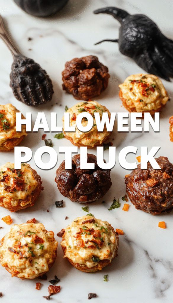 A vibrant Halloween party platter featuring a spooky variety of themed dishes, including carved pumpkins, monster-themed treats, and colorful dips, all arranged on a dark rustic table with cobweb decorations and flickering candles.