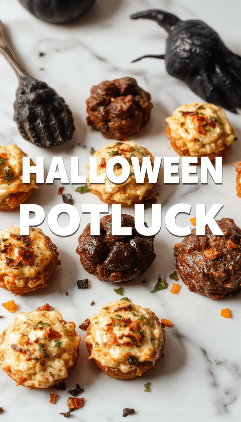 A vibrant Halloween party platter featuring a spooky variety of themed dishes, including carved pumpkins, monster-themed treats, and colorful dips, all arranged on a dark rustic table with cobweb decorations and flickering candles.