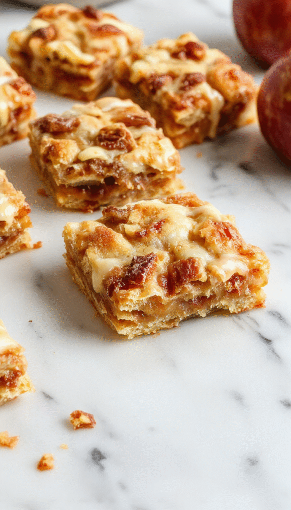A close-up of golden-brown apple crisp shortbread bars arranged on a white plate with a rustic wooden background. The bars are topped with a crumbly, buttery layer, drizzled with caramel, and garnished with fresh apple slices and a dusting of powdered sugar. The vibrant apple pieces peek through the crispy topping, highlighting their warm, inviting appearance.