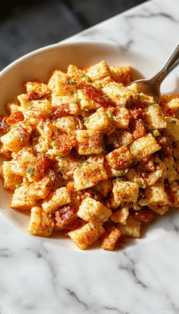 A vibrant bowl of fall harvest pasta salad featuring colorful spiral pasta, chopped roasted vegetables, leafy greens, and crumbled cheese, garnished with fresh herbs on a rustic wooden table