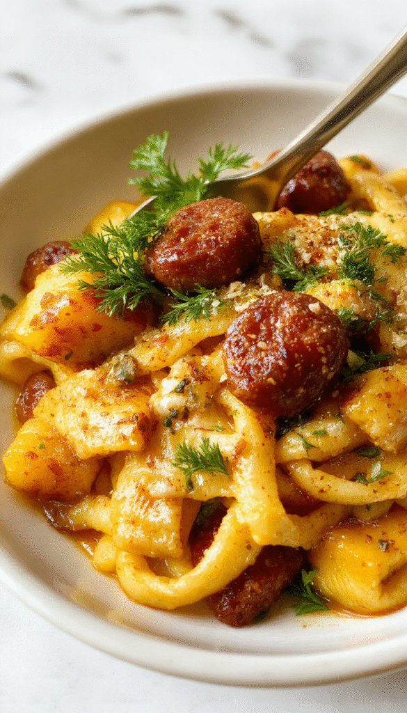 A vibrant plate of autumn sausage pasta featuring sliced roasted squash, colorful cherry tomatoes, fresh herbs, and cooked sausage, topped with melted cheese, styled on a rustic wooden table with natural lighting highlighting the textures and warm fall colors.