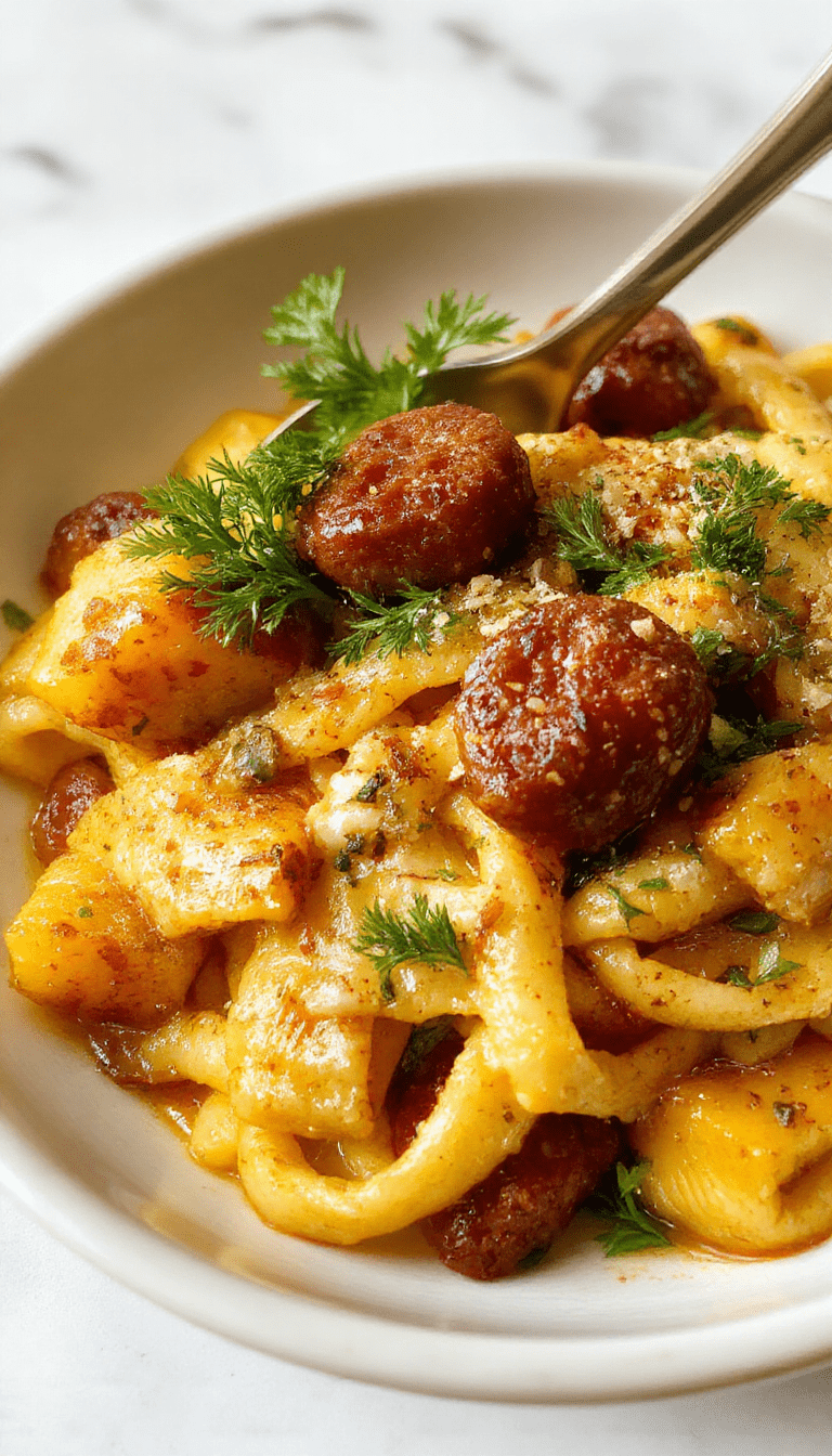 A vibrant plate of autumn sausage pasta featuring sliced roasted squash, colorful cherry tomatoes, fresh herbs, and cooked sausage, topped with melted cheese, styled on a rustic wooden table with natural lighting highlighting the textures and warm fall colors.