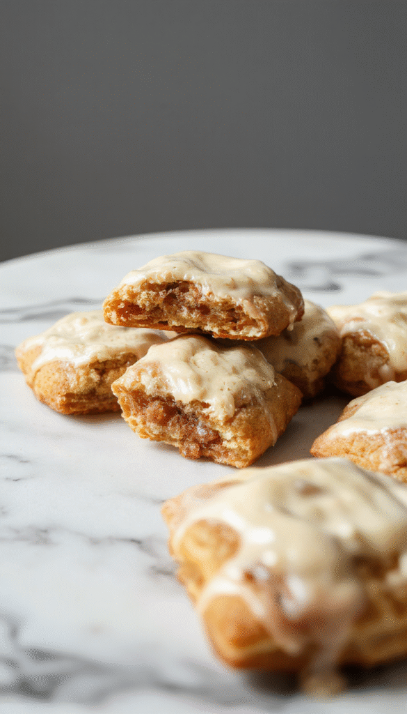Colorful plate of brown sugar pop tart cookies with golden-brown edges, topped with a shiny glaze and sprinkles, stacked neatly with some cookies broken to show the fluffy interior. Bright kitchen background with baking tools and ingredients scattered around.
