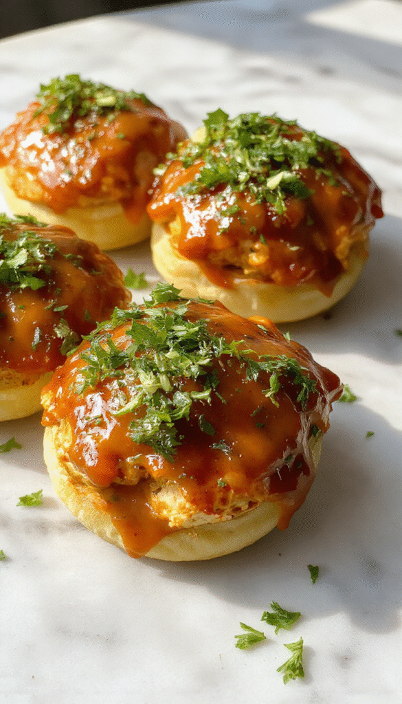 Colorful Buffalo chicken sliders arranged on a rustic wooden platter, topped with creamy blue cheese crumbles, chopped celery, and vibrant hot sauce drizzle, styled with fresh herbs and a side of celery sticks