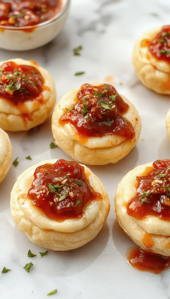 Close-up of golden-brown cheesy thumbprint appetizers topped with vibrant red hot pepper jelly, arranged on a white rectangular plate with a rustic wooden background, garnished with fresh herbs and featuring a flaky, crisp crust and melty cheese filling.
