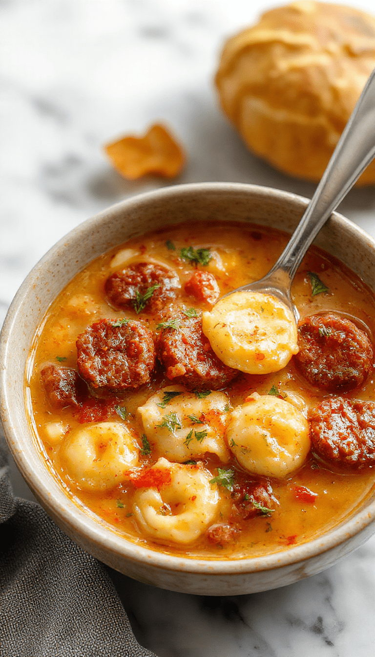 A warm, inviting bowl of autumn tortellini soup with melted cheese tortellini, chunks of savory sausage, fresh herbs, and a rich broth, styled with autumn leaves and rustic tableware, showcasing vibrant fall colors and textured ingredients.