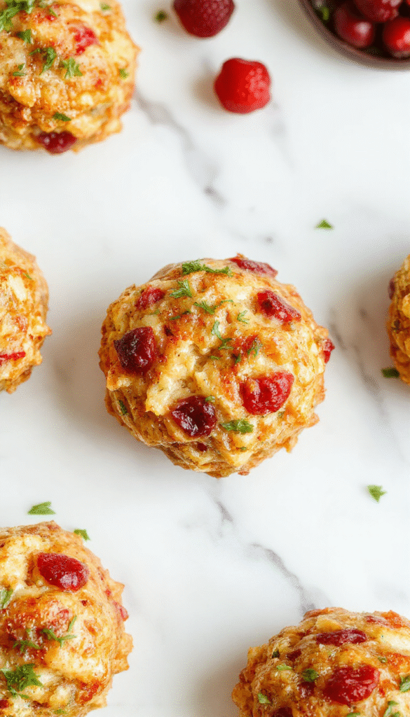 Colorful close-up of golden-brown stuffing balls filled with cranberries and turkey on a rustic white plate, garnished with fresh herbs, with festive holiday decor in the background, showcasing a crispy exterior and tender interior.