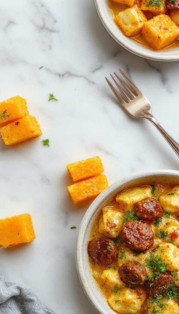 A close-up of golden, tender gnocchi made from vibrant orange butternut squash, topped with slices of browned sausage and a drizzle of creamy sauce, garnished with fresh herbs on a rustic white plate, with a hint of toasted nutty textures and a cozy autumn ambiance