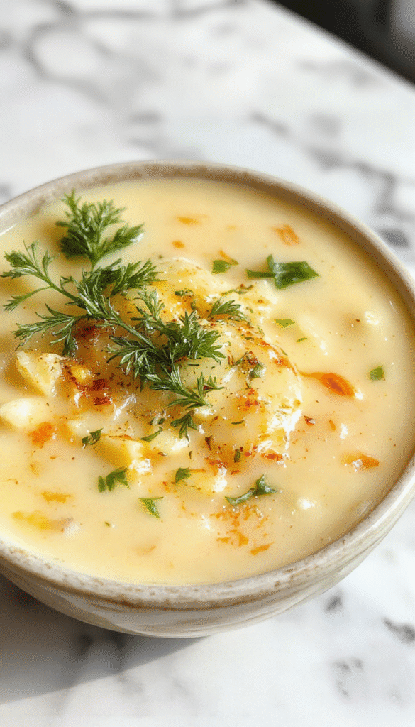 A steaming bowl of creamy potato soup topped with melted cheddar cheese, garnished with chopped herbs and slices of garlic, served in a rustic white bowl on a wooden table with fresh herbs and bread in the background