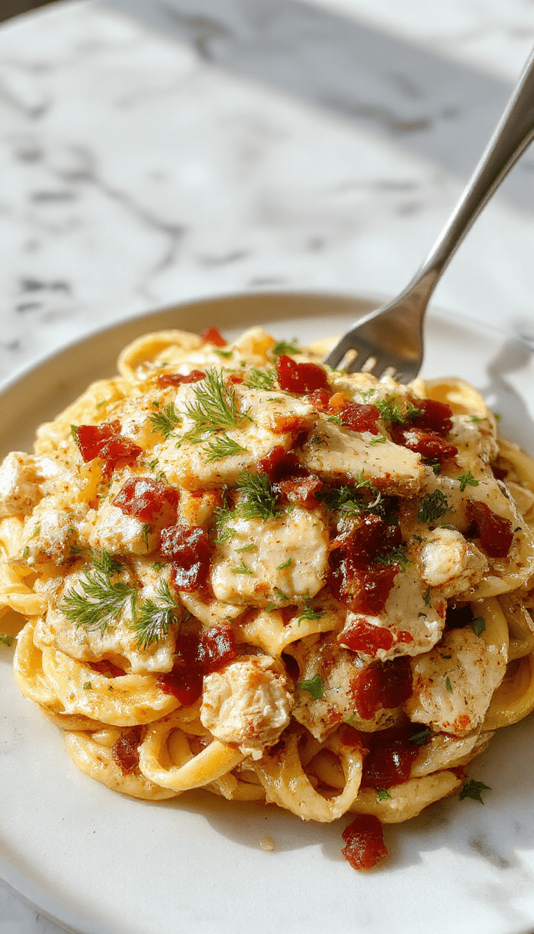 A close-up of a vibrant plate featuring creamy chicken bacon ranch pasta topped with crispy bacon bits, fresh chopped herbs, served on a rustic white plate with a fork, with a creamy sauce coating tender pasta and chunks of chicken and bacon, accompanied by a small bowl of extra sauce in the background.