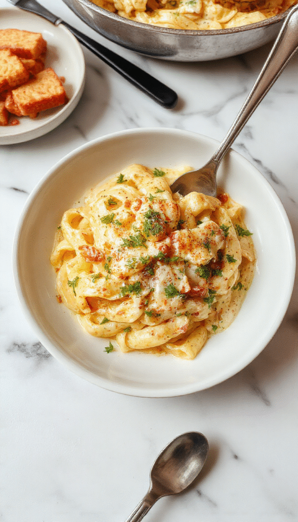 A vibrant plate of creamy garlic pasta with a swirl of sauce, topped with chopped parsley, served in a white bowl on a rustic wooden table, with garlic cloves and fresh herbs surrounding it.