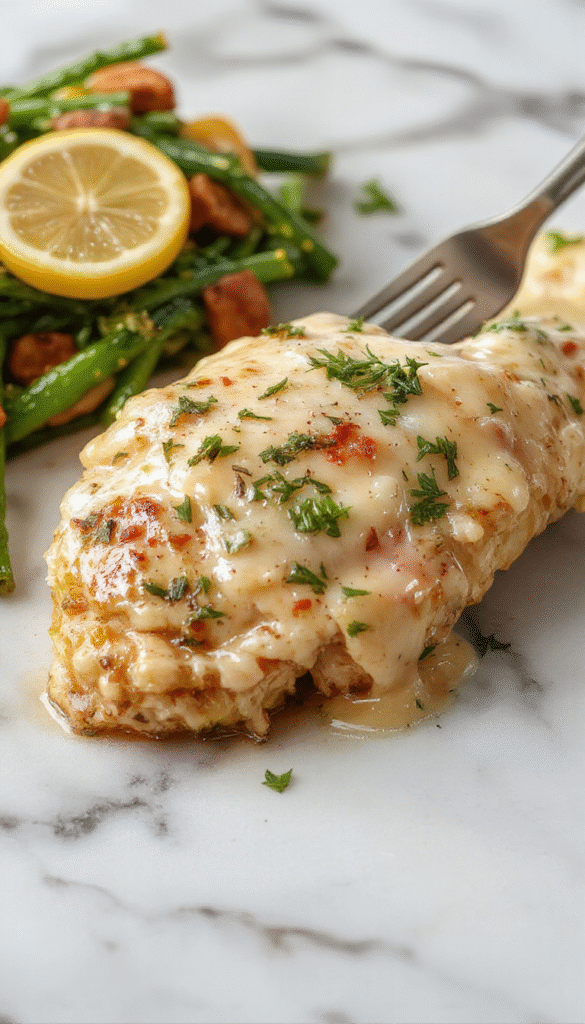 A plated serving of Lemon Chicken Romano garnished with fresh lemon slices, herbs, and Parmesan cheese on a white ceramic plate, with a side of roasted vegetables and a sprig of parsley, vibrant yellow lemon slices contrasted against the tender golden-brown chicken, styled on a rustic wooden table with natural lighting.