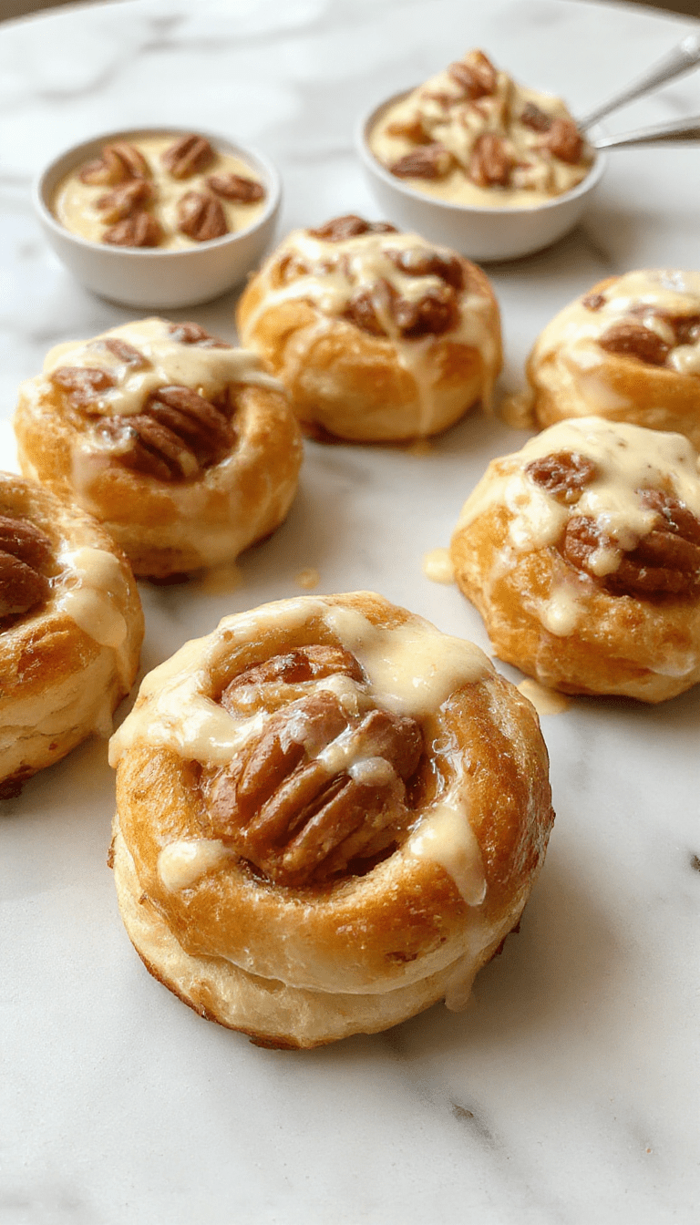 Golden-brown buttery crescent rolls filled with a rich pecan filling are arranged on a white plate, topped with powdered sugar, with a rustic wooden background, showcasing their flaky texture and caramel-colored pecans inside.