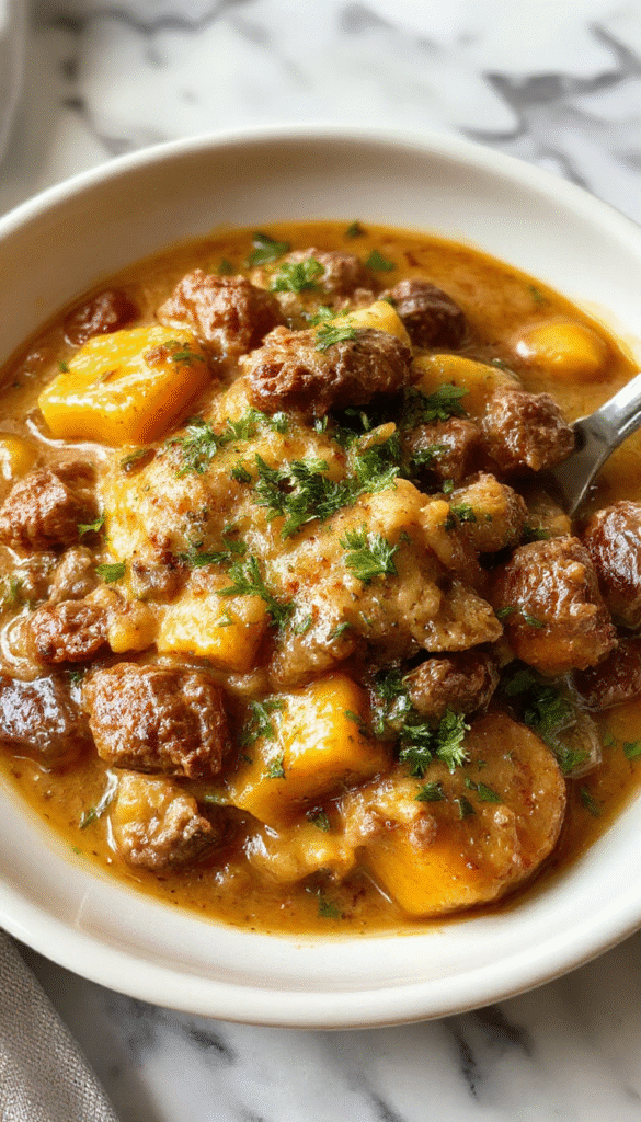 A rich and hearty pumpkin beef bolognese served in a rustic white bowl, topped with freshly grated Parmesan cheese and garnished with chopped parsley. The vibrant orange pumpkin sauce coating tender beef and pasta creates an inviting, fall-inspired presentation, styled on a wooden table with seasonal decorations in the background.