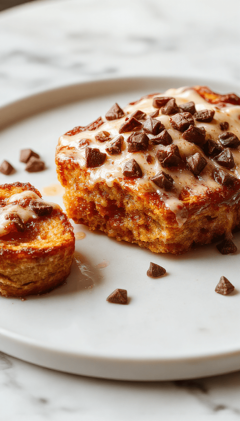 A vibrant plate of pumpkin French toast topped with whipped cream, caramelized pecans, and a dusting of cinnamon. The toast is golden brown with crispy edges, sitting on a rustic white plate with a drizzle of maple syrup. In the background, a small bowl of pumpkin puree and fresh fall leaves add seasonal decor.