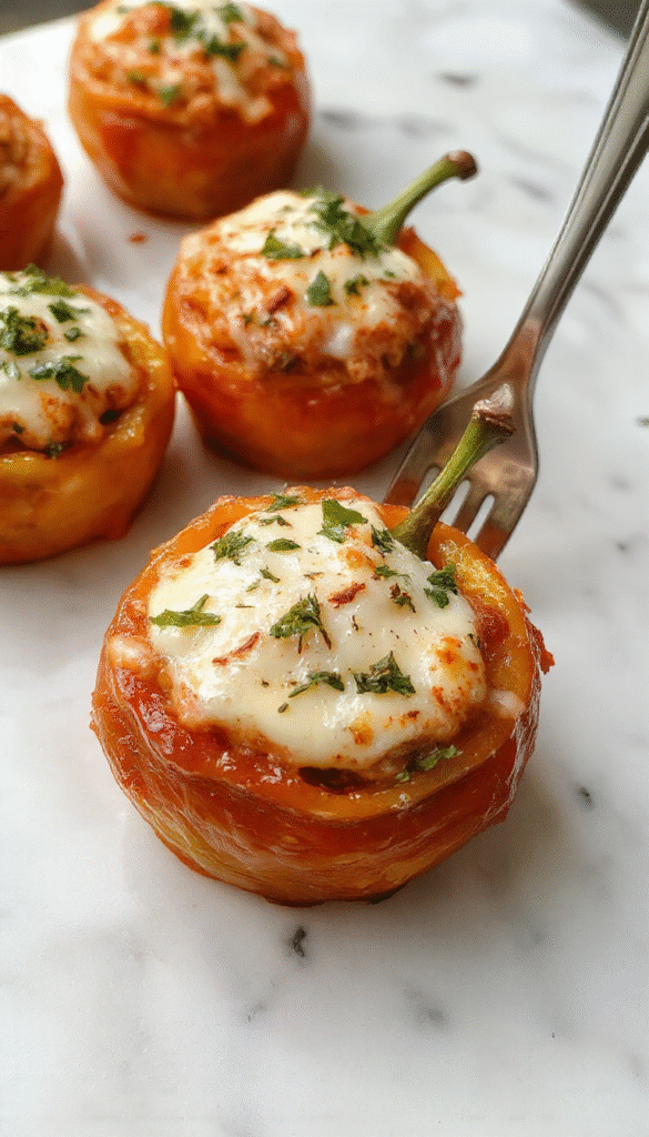 Colorful bell peppers stuffed with creamy ricotta cheese, topped with fresh herbs and golden baked to perfection on a rustic wooden surface