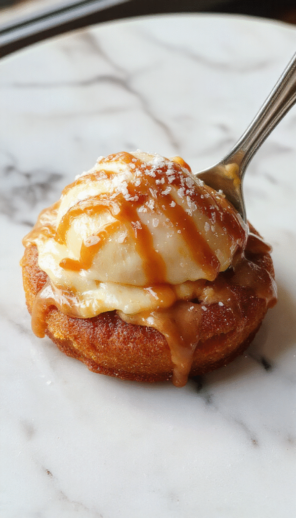 A close-up of a slice of salted caramel dessert featuring a smooth, golden caramel layer atop a buttery base, drizzled with sea salt crystals, presented on a rustic plate with a subtle swirl of caramel sauce and a sprinkle of flaky sea salt for a tempting, luscious appearance.