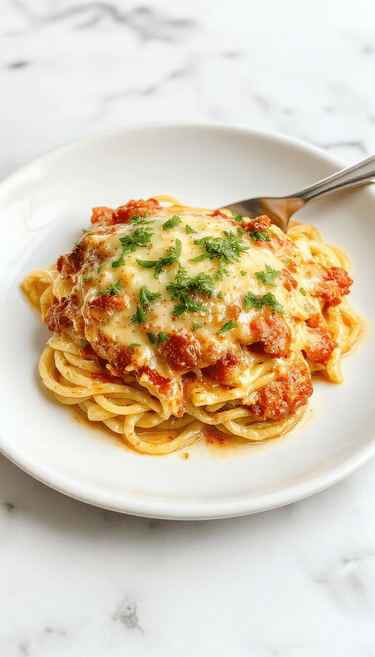A close-up view of a creamy Southern spaghetti bake served in a rustic casserole dish, topped with melted cheese and garnished with chopped parsley, showcasing gooey cheese, tender pasta, and golden crust against a warm, inviting kitchen background.