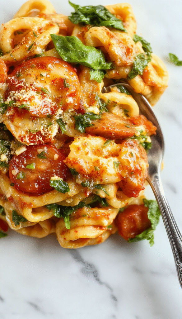 A vibrant plate of creamy spinach tomato pasta showcasing fresh green spinach, ripe red tomatoes, and perfectly cooked al dente pasta, topped with grated cheese and garnished with basil on a rustic wooden table with natural lighting emphasizing textures and colors.