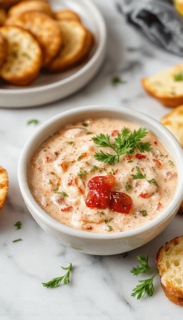 A vibrant bowl of bruschetta dip featuring chopped tomatoes, garlic, basil, and olive oil served alongside toasted baguette slices. The dip is colorful with reds, greens, and herbs, textured with diced ingredients, presented on a rustic wooden board with garnishes of fresh basil leaves and drizzles of olive oil.