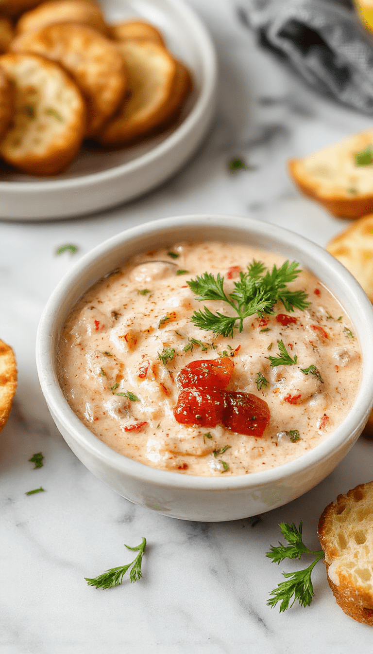 A vibrant bowl of bruschetta dip featuring chopped tomatoes, garlic, basil, and olive oil served alongside toasted baguette slices. The dip is colorful with reds, greens, and herbs, textured with diced ingredients, presented on a rustic wooden board with garnishes of fresh basil leaves and drizzles of olive oil.