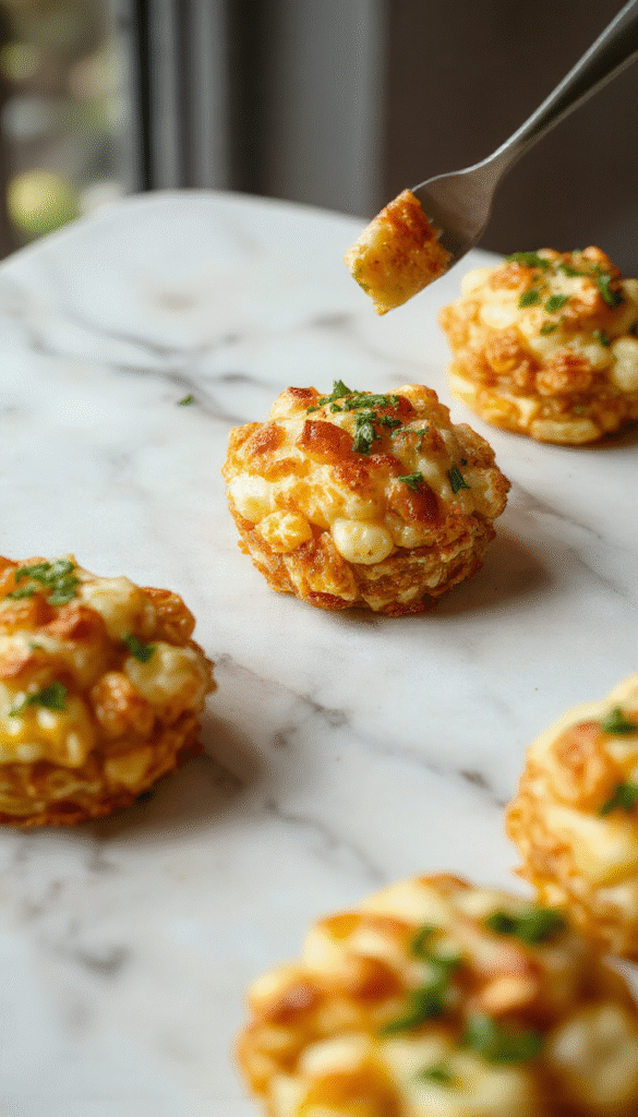 Golden crispy corn cheese bites arranged on a white plate, showcasing their crispy exterior and melted cheesy interior, garnished with chopped herbs, colorful peppers, and served with a side of dipping sauce, styled on a rustic wooden table with vibrant lighting.
