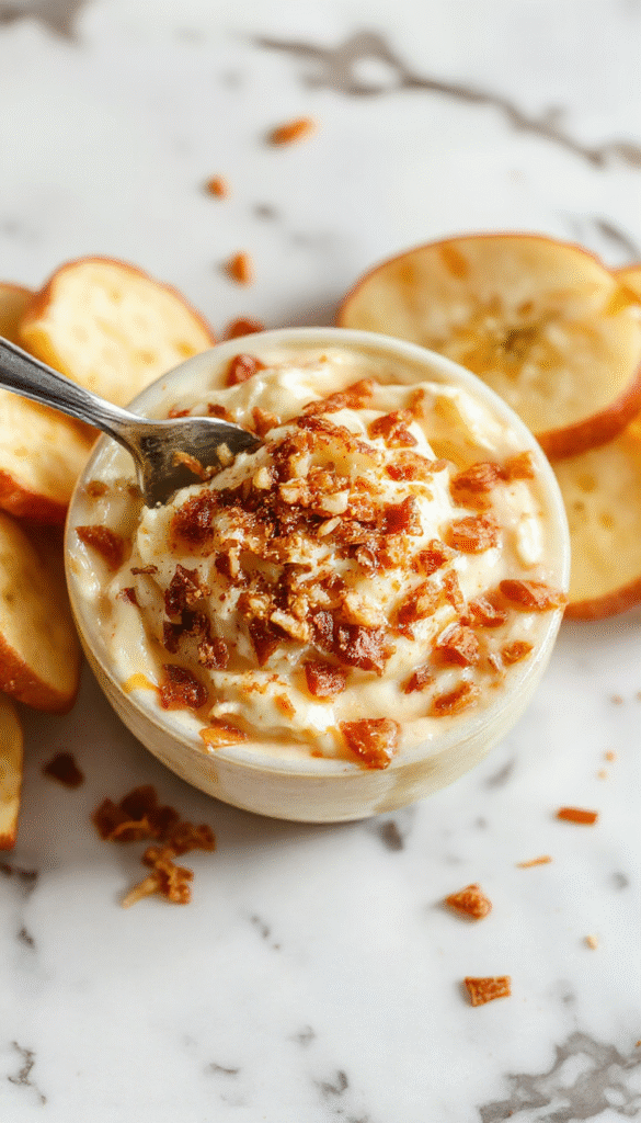 A vibrant bowl of apple toffee dip garnished with chopped nuts and caramel drizzles on a rustic wooden table surrounded by apple slices and toffee candies, with a golden caramel sauce cascading over the creamy dip surface.