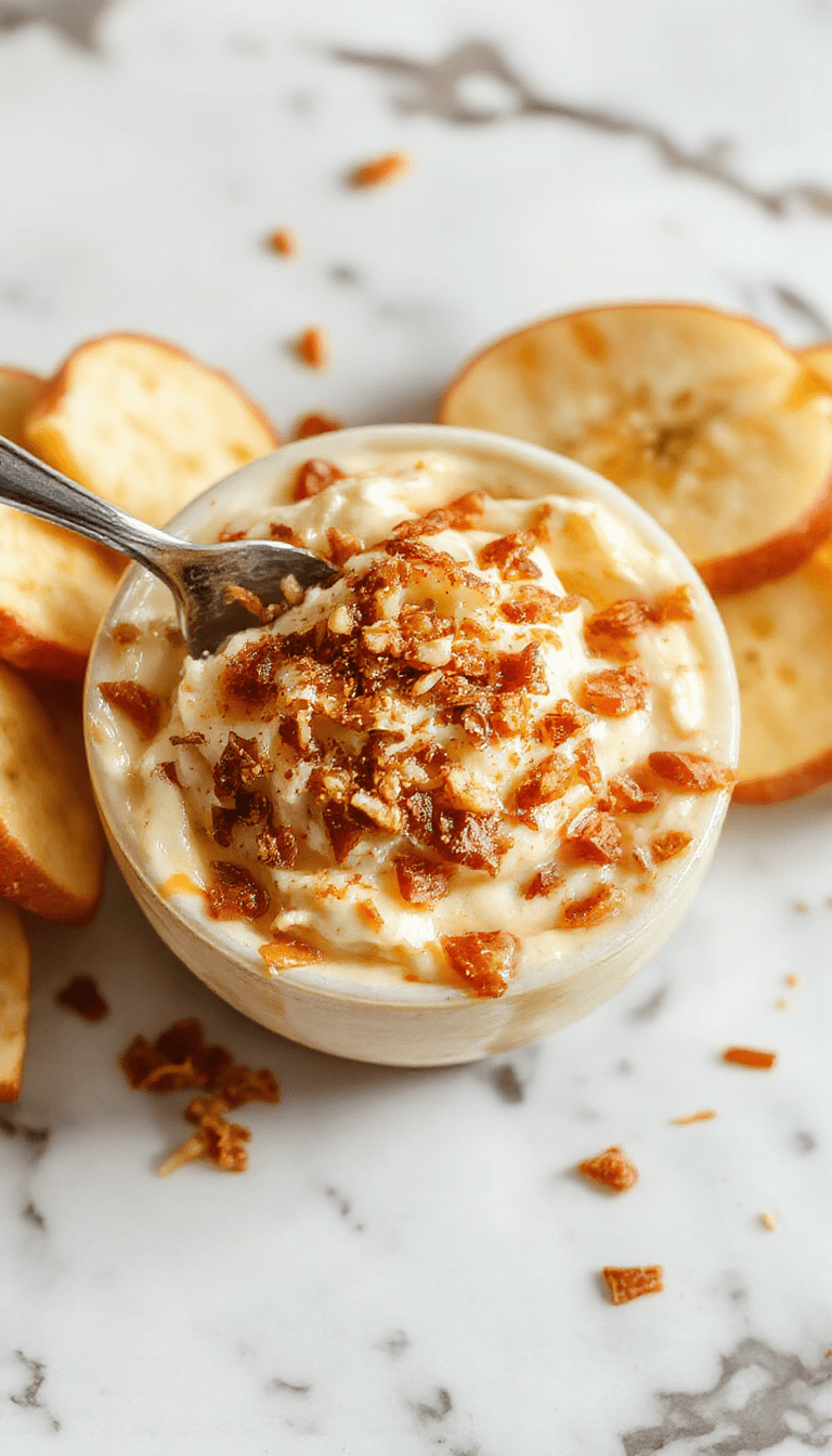 A vibrant bowl of apple toffee dip garnished with chopped nuts and caramel drizzles on a rustic wooden table surrounded by apple slices and toffee candies, with a golden caramel sauce cascading over the creamy dip surface.