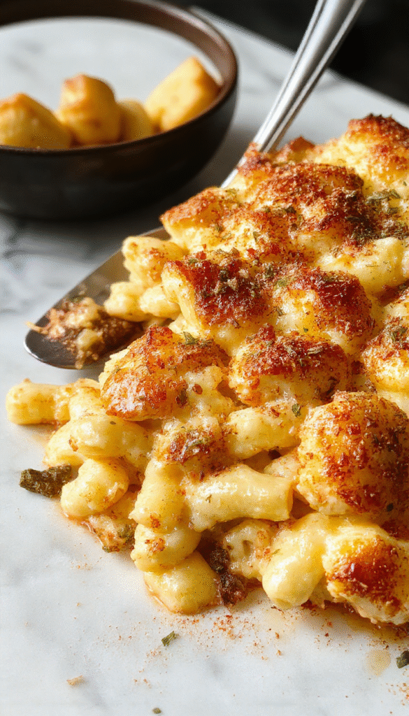 A vibrant plate of baked mac and cheese elevated with a crispy golden breadcrumb topping, gooey melted cheese strings, garnished with fresh parsley, served on a rustic wooden table.