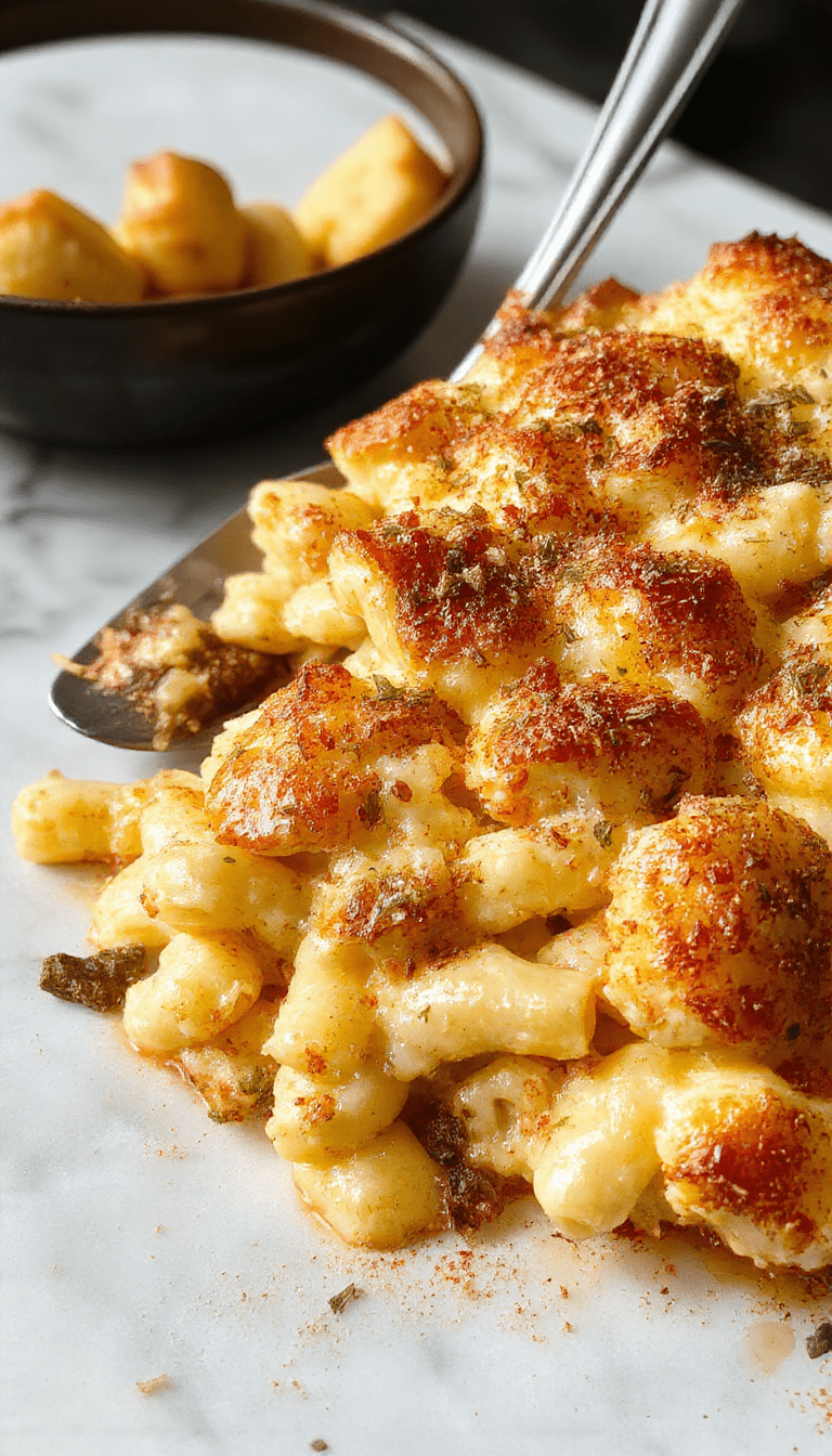 A vibrant plate of baked mac and cheese elevated with a crispy golden breadcrumb topping, gooey melted cheese strings, garnished with fresh parsley, served on a rustic wooden table.