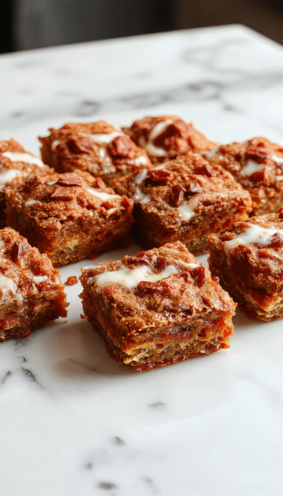 A close-up of luscious carrot cake bars with a golden-brown crust, topped with cream cheese frosting and sprinkled with chopped walnuts, arranged on a rustic wooden platter, vibrant orange carrots and green garnish in the background, showcasing their moist texture and appealing presentation.
