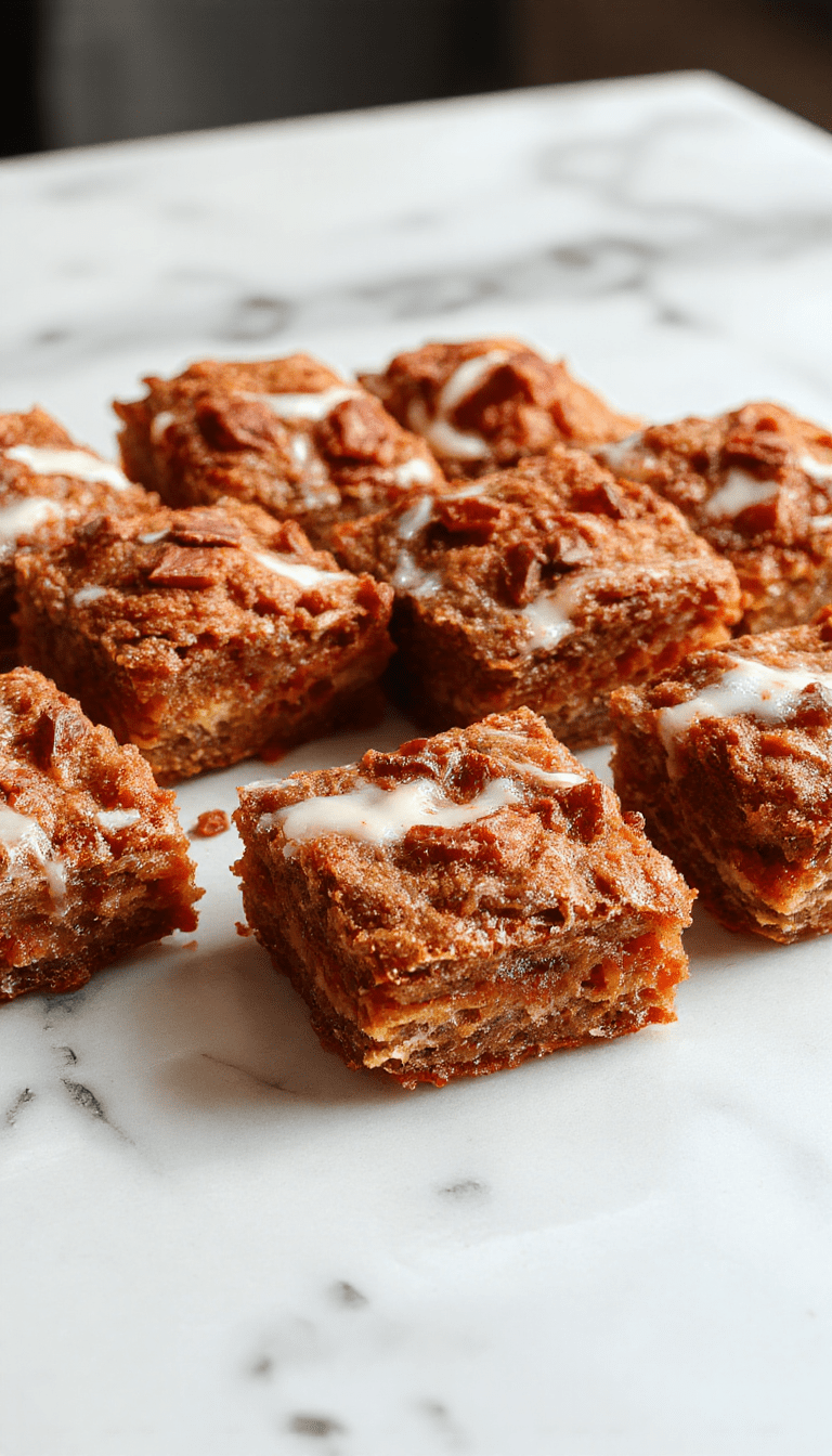 A close-up of luscious carrot cake bars with a golden-brown crust, topped with cream cheese frosting and sprinkled with chopped walnuts, arranged on a rustic wooden platter, vibrant orange carrots and green garnish in the background, showcasing their moist texture and appealing presentation.