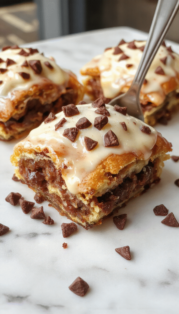 A close-up of a rich, creamy cannoli pie with golden-brown crust topped with melty chocolate chips and powdered sugar, neatly sliced to reveal the delicious filling, styled on a rustic wooden tray with a fork beside it.