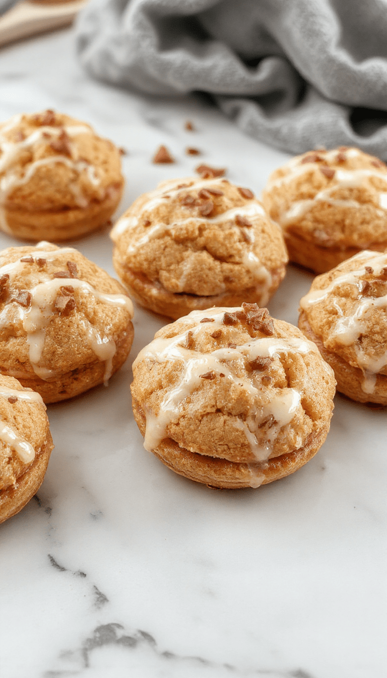 A close-up of vibrant golden-brown apple cider whoopie pies filled with creamy frosting, arranged on a rustic wooden platter with cinnamon sticks and apple slices, styled with a sprinkle of powdered sugar for a cozy autumn feel.