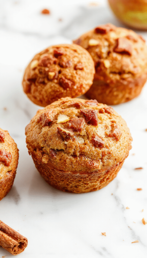 A close-up of golden-brown apple cinnamon muffins arranged on a rustic white plate, with a sprinkle of cinnamon and sliced apples on top, set against a warm, inviting kitchen background with soft natural lighting.