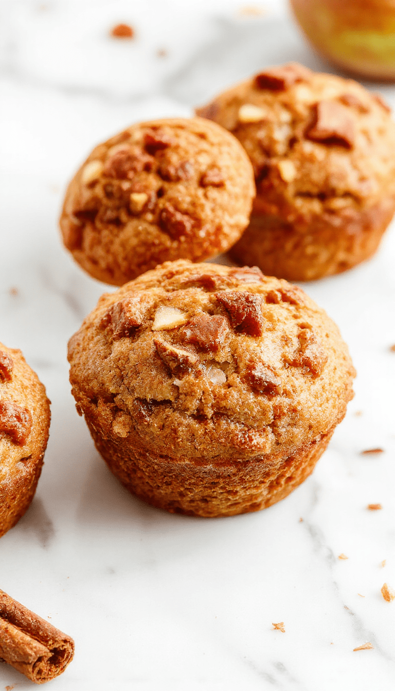 A close-up of golden-brown apple cinnamon muffins arranged on a rustic white plate, with a sprinkle of cinnamon and sliced apples on top, set against a warm, inviting kitchen background with soft natural lighting.
