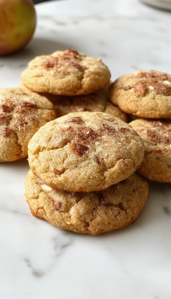 Colorful plate of freshly baked apple cinnamon snickerdoodle cookies with a golden-brown crust, dusted with cinnamon sugar, garnished with apple slices and a sprinkle of cinnamon, styled on a rustic wooden surface with a cozy fall backdrop