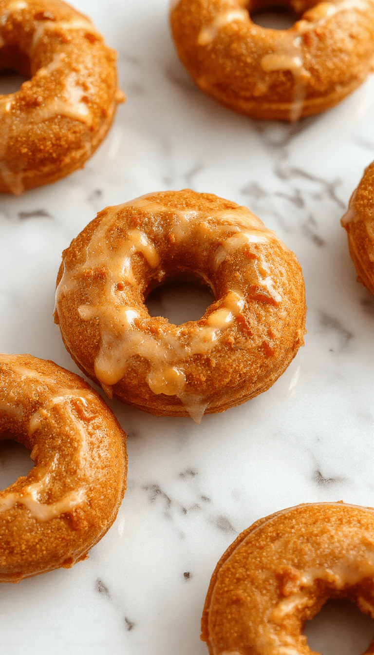 Colorful seasonal display of golden baked pumpkin donuts dusted with cinnamon sitting on a white plate, decorated with pumpkin and cinnamon sticks, styled on a rustic wooden surface with fall leaves in the background.
