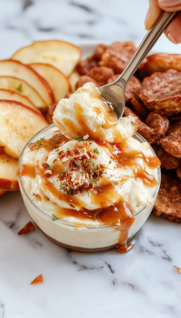 A creamy caramel apple cheesecake dip in a clear glass bowl topped with caramel drizzle, chopped apples, and crushed graham crackers, surrounded by fresh apple slices and colorful candies, styled on a rustic wooden table with a warm, inviting glow.