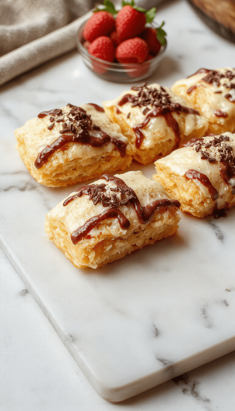 Colorful display of cannoli squares arranged on a white plate, showcasing golden crispy pastry shells filled with creamy ricotta filling, garnished with chocolate chips and powdered sugar, styled beautifully with a rustic backdrop.