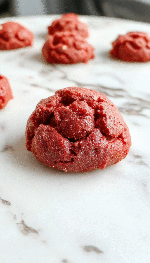 A vibrant red velvet cookie dough in a rustic white bowl, topped with chocolate chips and a drizzle of white chocolate, surrounded by a few broken cookie pieces and a red velvet cake slice in the background, all styled on a wooden surface with soft natural lighting.