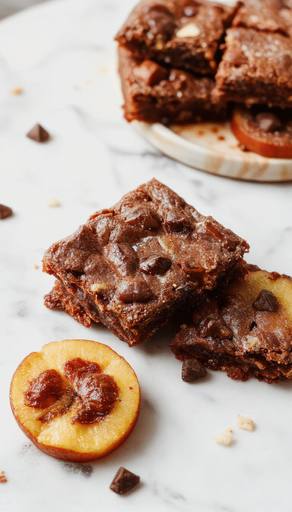 A vibrant plate of apple brownies with a golden brown crust and tender apple chunks, topped with a dusting of powdered sugar, styled on a rustic wooden surface with fall leaves in the background