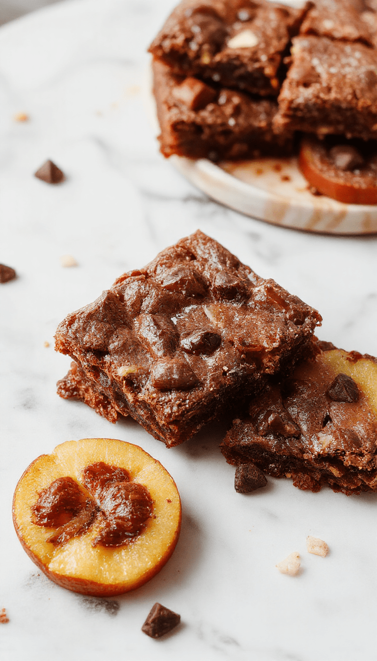A vibrant plate of apple brownies with a golden brown crust and tender apple chunks, topped with a dusting of powdered sugar, styled on a rustic wooden surface with fall leaves in the background