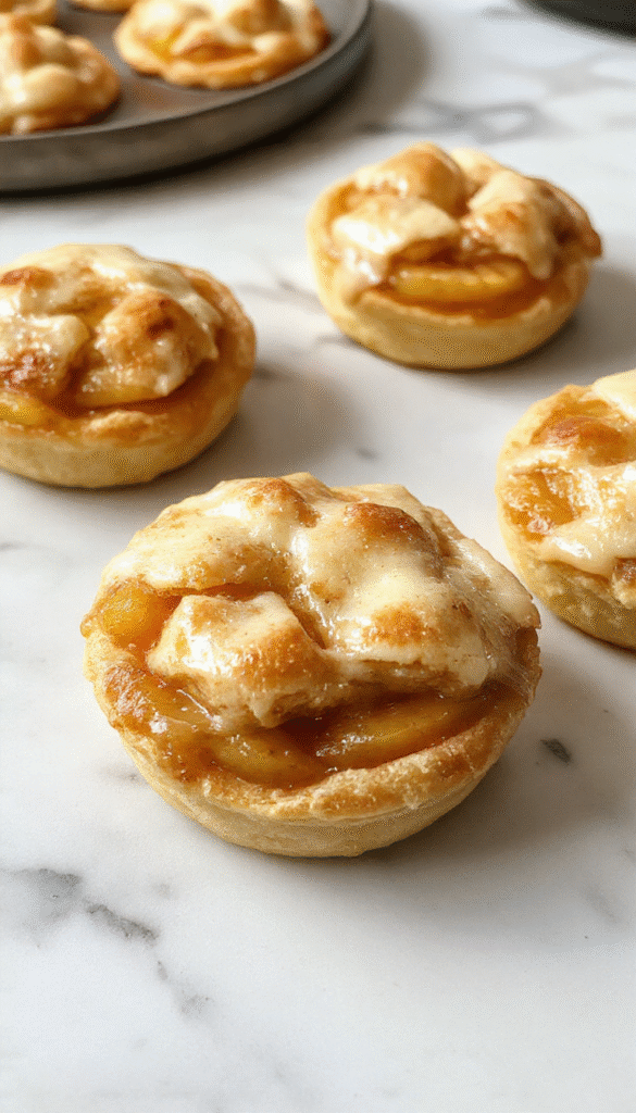 A close-up of golden mini apple pies with flaky crusts filled with spiced apple chunks, arranged on a rustic wooden plate, garnished with a dusting of powdered sugar and a mint sprig, colorful background with warm lighting highlighting the textures and inviting aroma.
