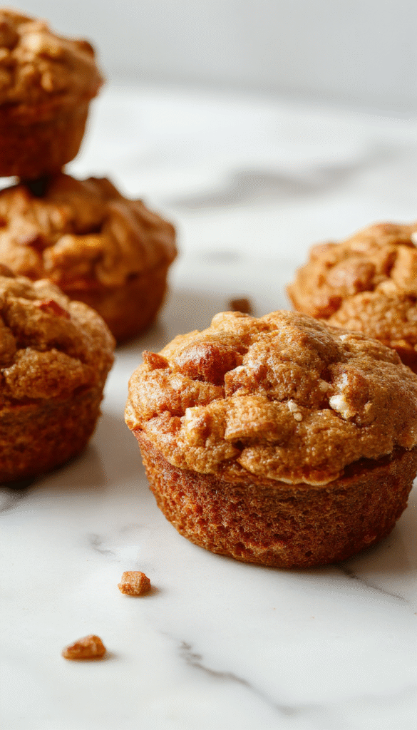 Colorful pumpkin cottage cheese muffins arranged on a rustic wooden table, golden-brown tops with a creamy cottage cheese swirl, garnished with a sprinkle of cinnamon, with autumn leaves in the background and a light dusting of powdered sugar.