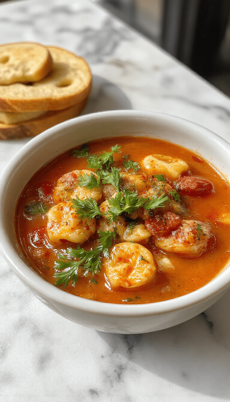 A vibrant bowl of tomato tortellini soup featuring plump tortellini, bright red tomato broth, garnished with fresh basil and grated cheese, styled in a rustic white bowl on a wooden table with a spoon beside it