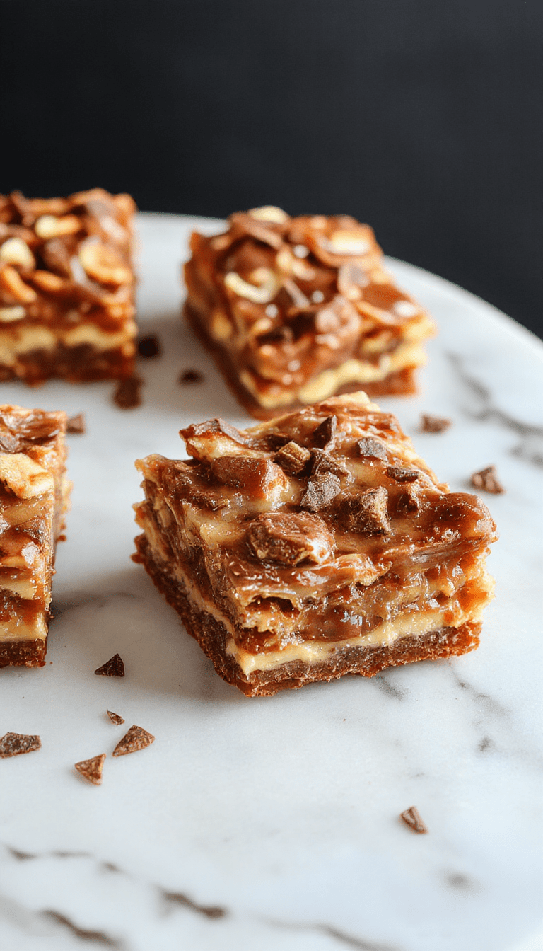 Colorful turtle bars arranged on a rustic wooden tray, showcasing glossy caramel drizzle, chopped pecans, and rich chocolate layers with a golden crust, styled with a spatula and fresh pecans.