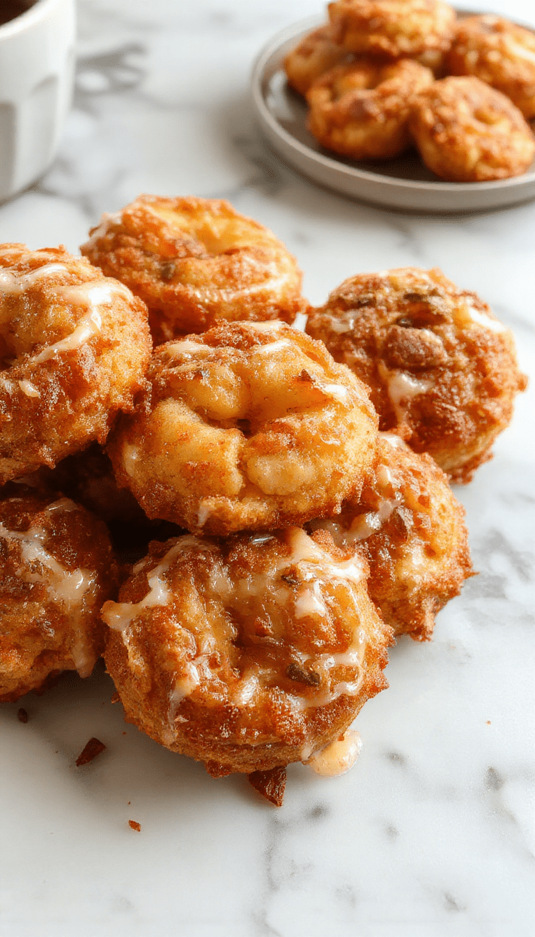 colorful apple fritter bites arranged on a rustic white plate with golden-brown crispy edges, sprinkled with powdered sugar, garnished with fresh apple slices and mint leaves, styled on a wooden surface with a soft blurred background