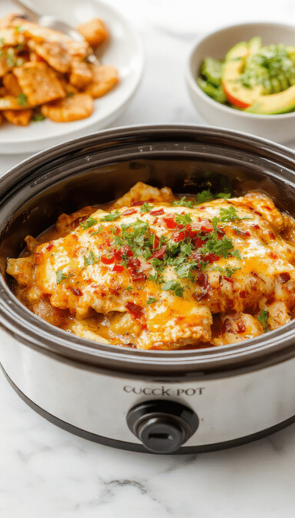 A colorful chicken enchilada casserole in a glazed glass baking dish topped with melted cheese, garnished with fresh cilantro and sliced jalapenos, set on a rustic wooden table with vibrant Mexican-inspired toppings scattered around, bright lighting emphasizing the cheesy textures and vibrant ingredients.