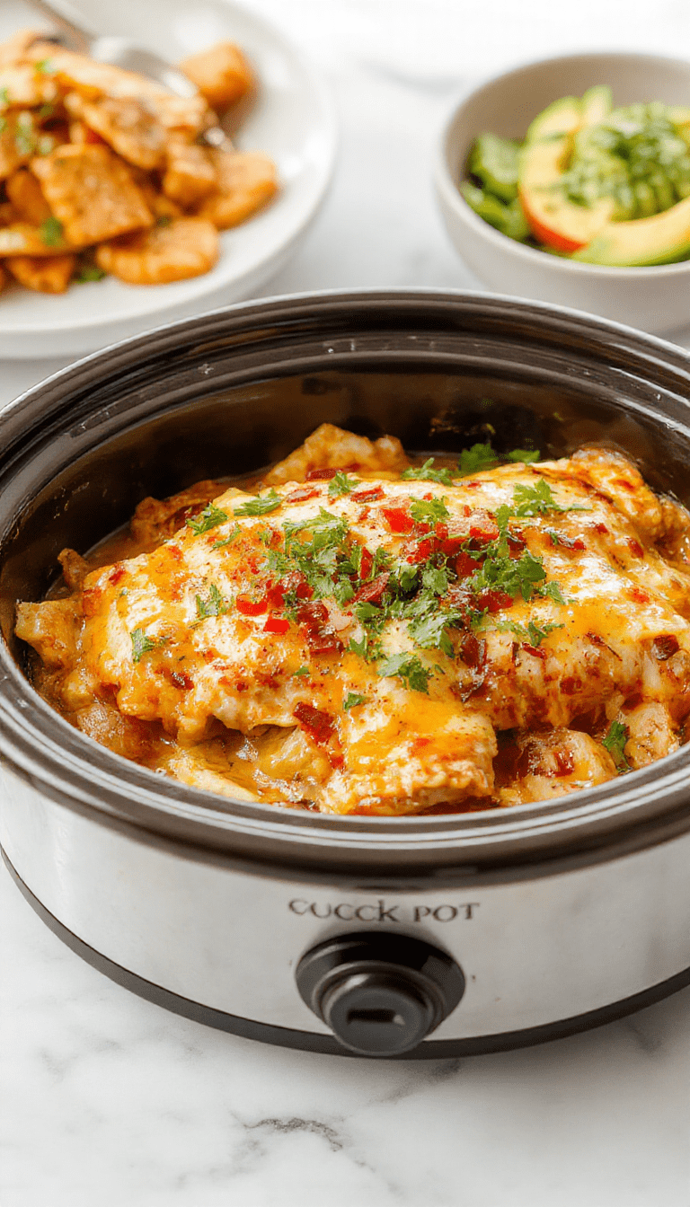 A colorful chicken enchilada casserole in a glazed glass baking dish topped with melted cheese, garnished with fresh cilantro and sliced jalapenos, set on a rustic wooden table with vibrant Mexican-inspired toppings scattered around, bright lighting emphasizing the cheesy textures and vibrant ingredients.